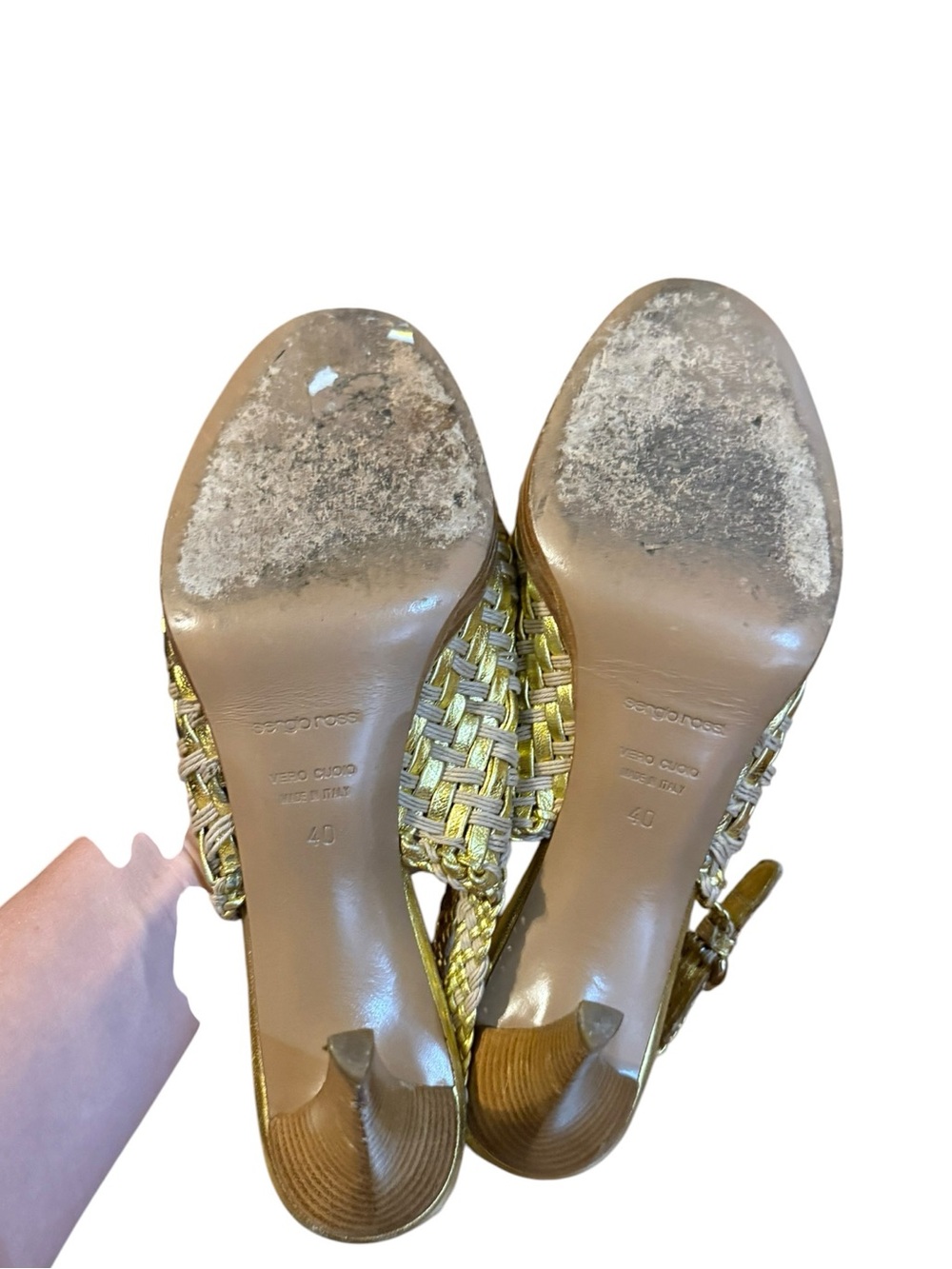 Sergio Rossi Gold Woven Leather Slingback Heels Made in Italy Size 40 - Picture 5 of 6